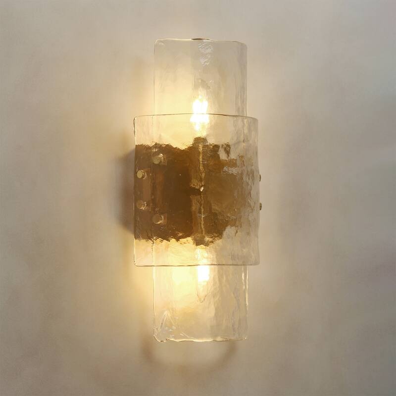 Modern 2-Light Gold Wall Sconce Textured Glass Bathroom Vanity Light - L14.2" x W6.3"