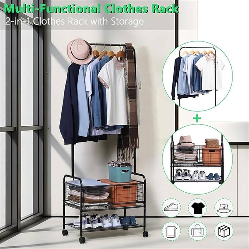 Rolling Laundry Cart with Storage Basket and Hanging Bar - 41.4"D x 22.6"W x 173.5"H