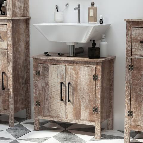 kleankin Wooden Under Sink Bathroom Floor Storage Cabinet with Double Door Space Saver Organizer, Barnwood