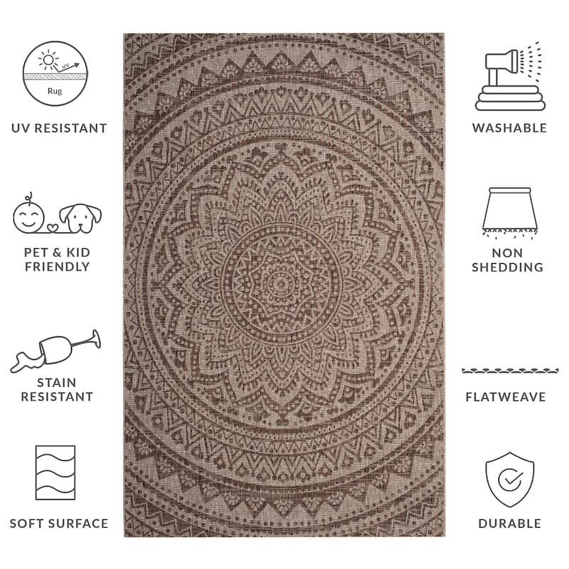 SAFAVIEH Courtyard Deepa Mandala Indoor /Outdoor Waterproof Patio Backyard Rug - 5'3" x 7'7" - Light Beige/Light Brown