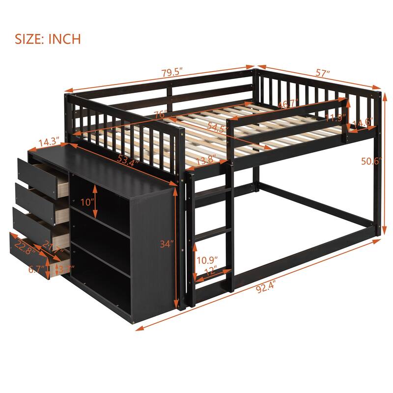 Full Over Full Bunk Bed with 4 Drawers and 3 Shelves in Solid Pine