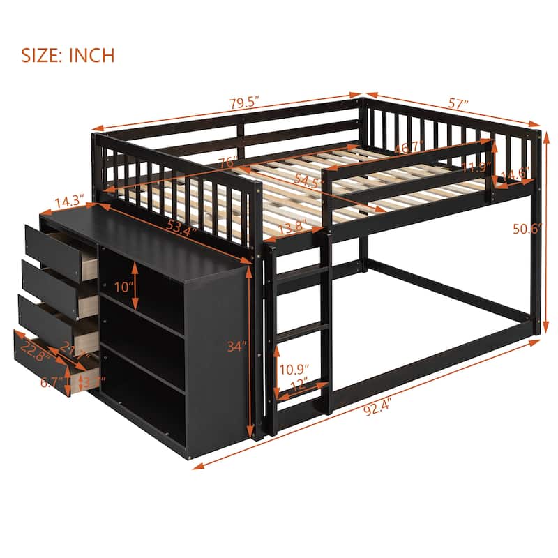 Wood Floor Bunk Beds with 4 Drawers and 3 Shelves, Convertible Side Cabinets and Ladders, Solid Wood Bunkbed Frame for Bedroom