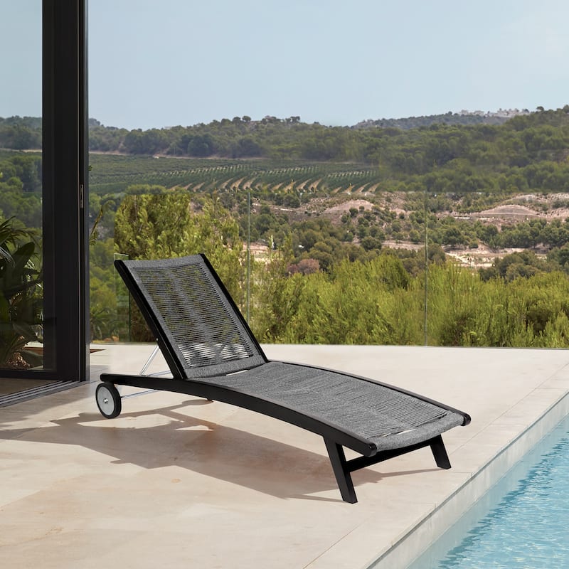 Chateau Solid Eucalyptus Wood and Rope Outdoor Patio Adjustable Chairs Lounge Chair with Wheels - Grey Rope / Dark Eucalyptus