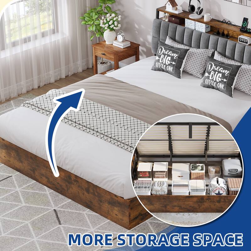 Moasis Lift-Up Storage Bed Frame with Charging Station & Storage Headboard