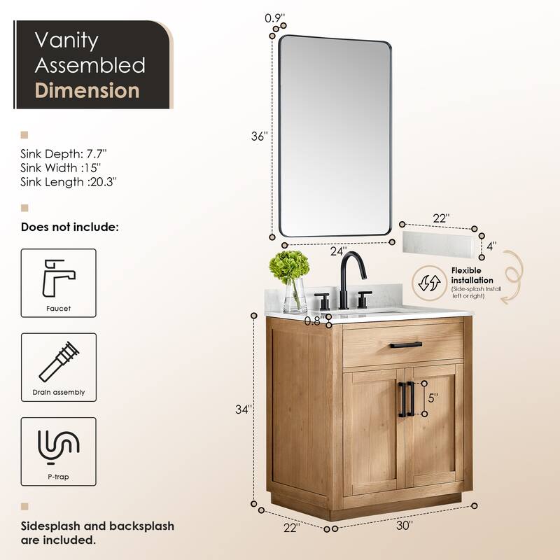 Altair Gavino Bath Vanity with Grain White Composite Stone Top and Mirror
