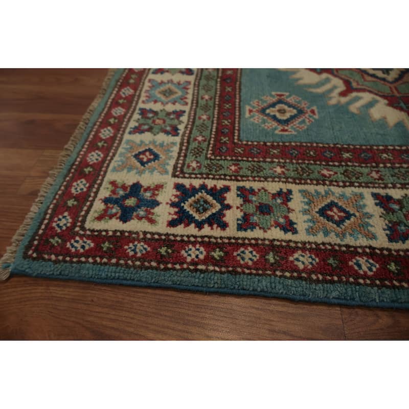 Hand Knotted Oriental 100% Wool Carpet Traditional Geometric Navy Blue & Blues Kazak Runner Rug - 9' 8'' X 2' 9''