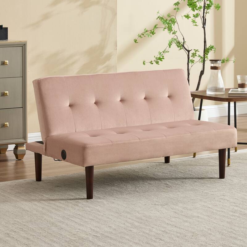 Foldable Fashion Sofa Bed High End Flannel Fabric Back Adjustable Sofa Recliner Futon, Modern Fashion Sofa with Charging Port - Pink