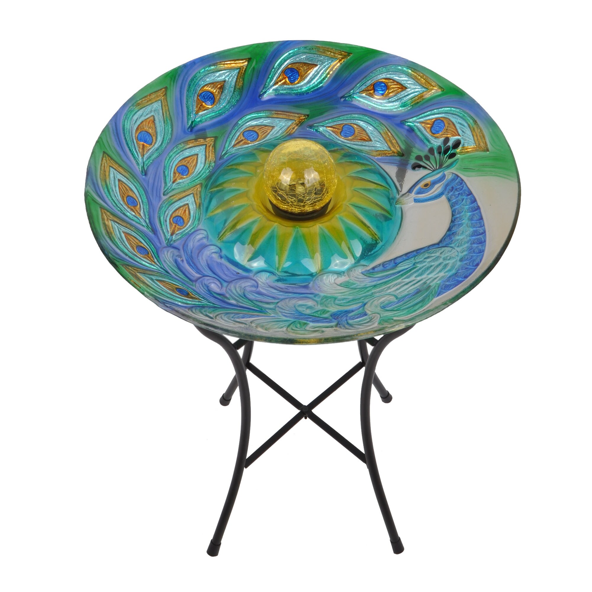 Peaktop 18 Outdoor Solar Glass Peacock Birdbath With Led Lights And Stand Multicolor 18 X 18 X 21 2 Overstock 24254063