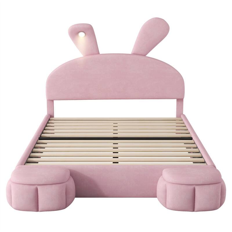 Twin/Full Size Upholstered Platform Bed with Cartoon Ears Shaped Headboard & Light, Cute Kids Bed Frame w/2 Small Storage Stools