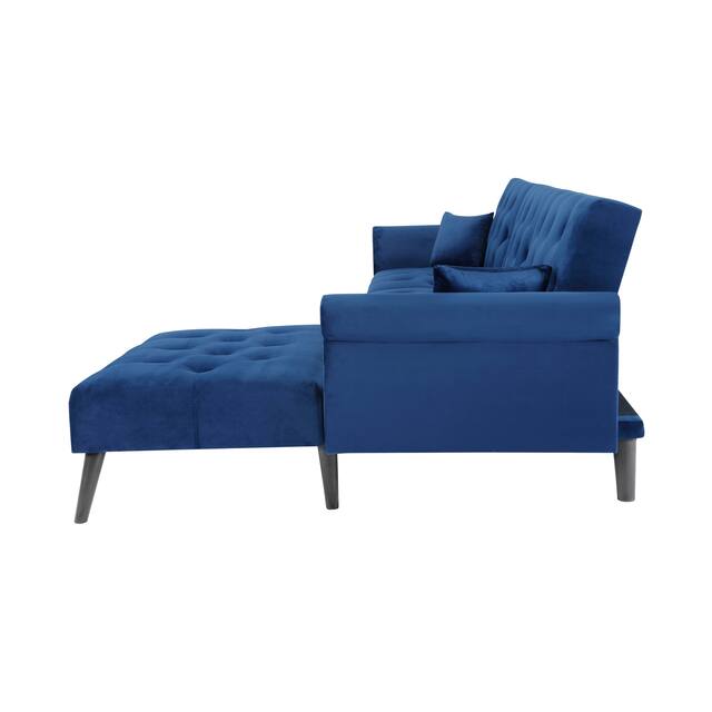 3 Seating Couches Reversible Sectional Sofa Sleeper Blue Velvet Upholstered Chaise with Metal Nailheads Decor & L-shape Sofa