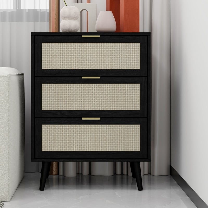 Wood Storage Cabinet with 3 Engineered Rattan Drawer Suitable for Bedroom,Living Room,Study