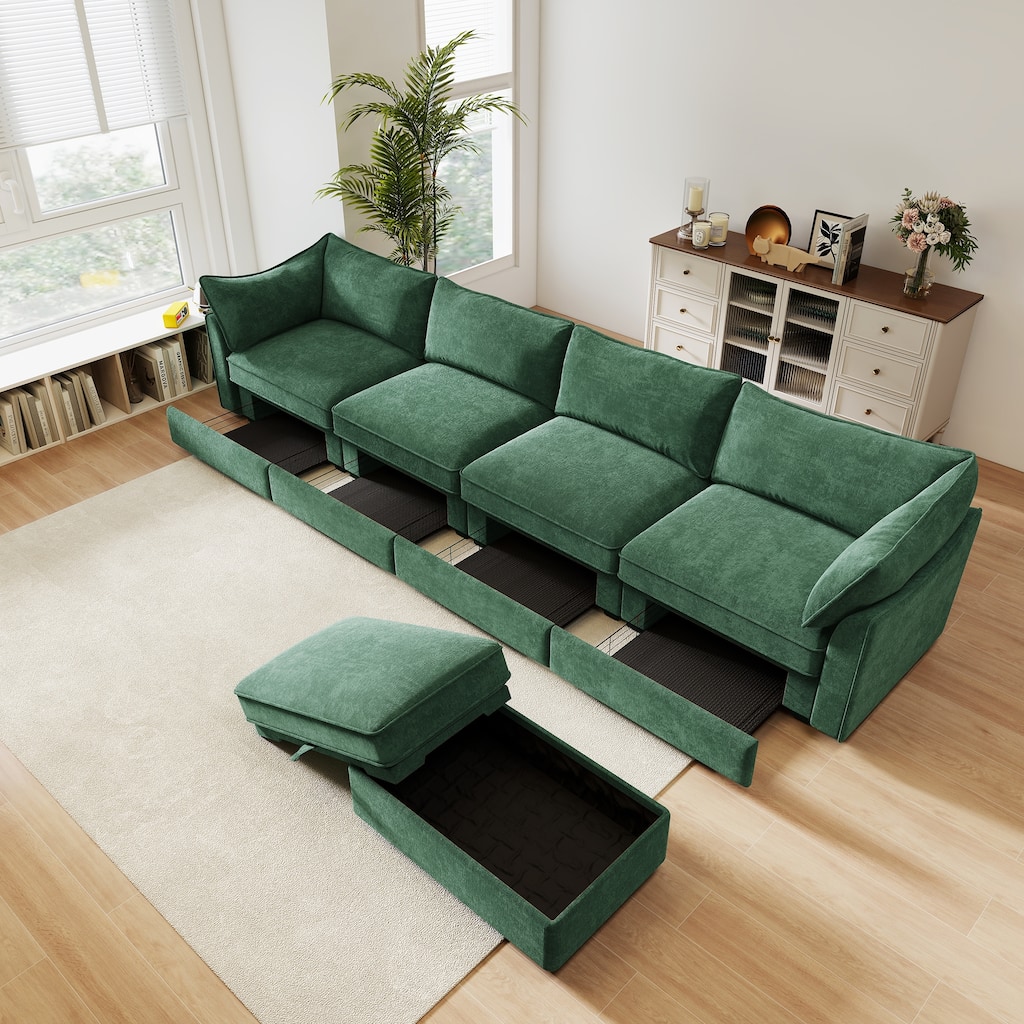 L-Shaped 4 Seater Sectional Sofa Couch,4-seat Sofa with 1 Movable Ottoman, Crescent-shaped Armrests And Wraparound Back