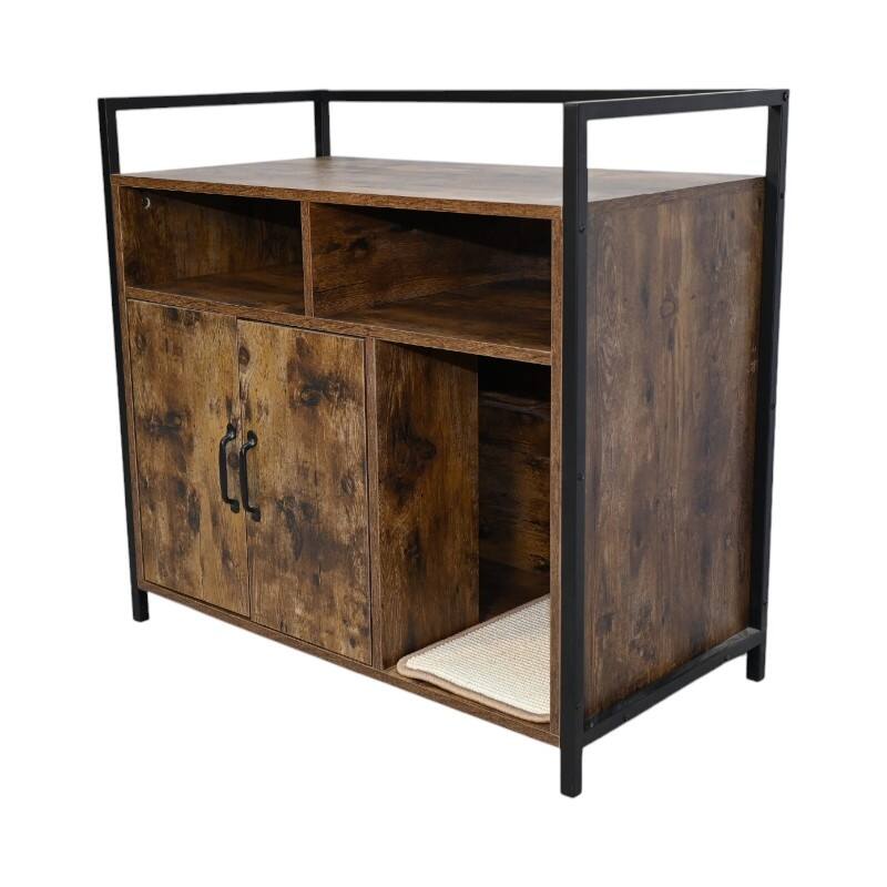 61 lbs Rustic Brown Wooden Cat Litter Box Enclosure, Spacious Hidden Cat Litter Box with Scratching Mat Furniture