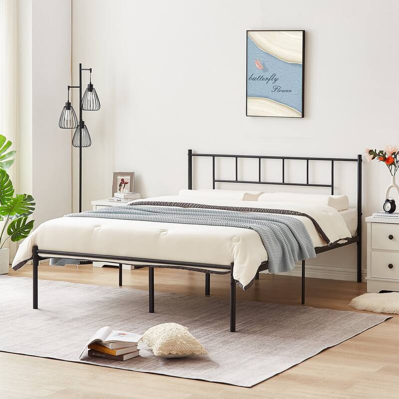 14 Inch Queen Size Metal Bed Frame with Headboard, Iron-Art Platform Bed No Box Spring Needed/Mattress Foundation for Storage