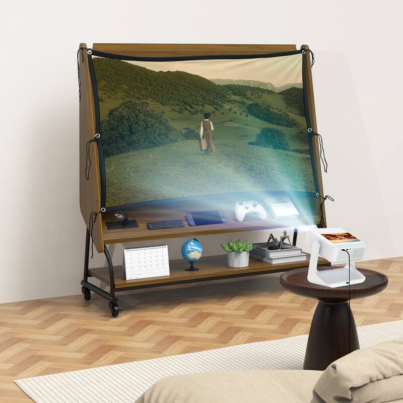 Mobile TV Stand with Mount for 32-50" TV with Projector Screen & Power Outlets - Adjustable Rolling TV Cart, MDF Wood