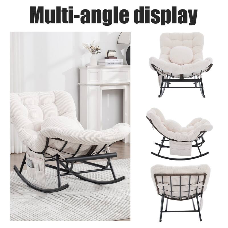 HOMEFUN Corduroy Upholstered Egg Shaped Design Steel Frame Rocking Chair with Side Pocket and Foot Pedal