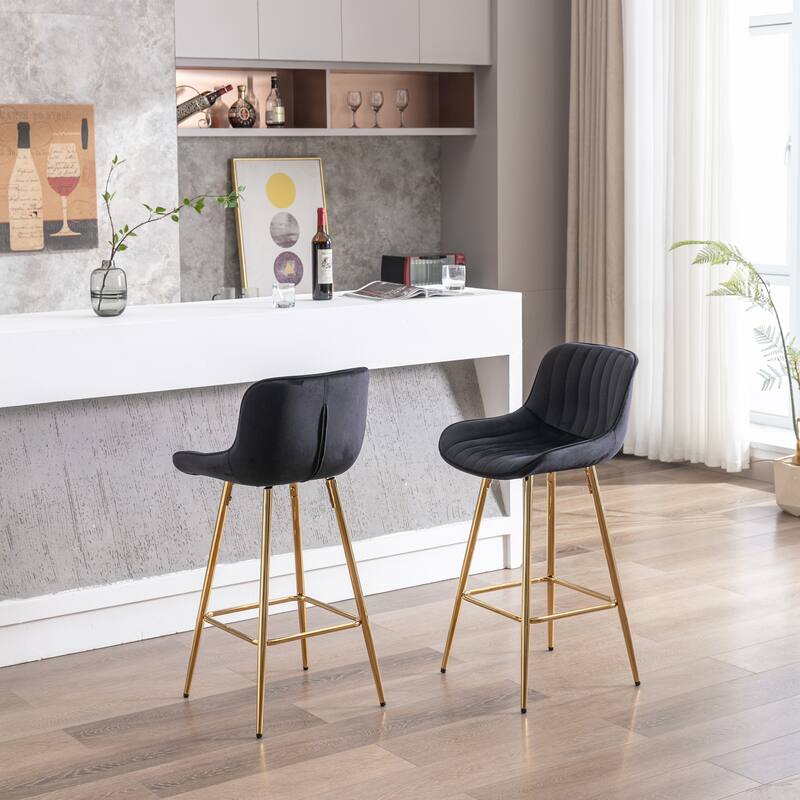 26 Inch Set of 2 Bar Stools,with Chrome Footrest Velvet Fabric Counter Stool Golden Leg Simple Bar Stool