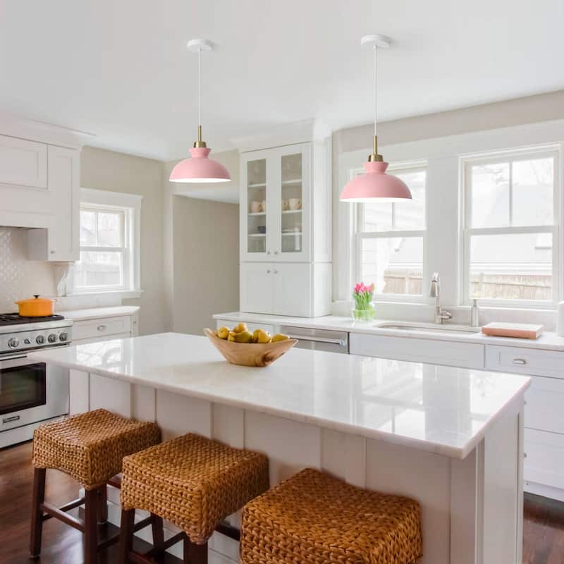 1-Light Modern Classic Semi Flush Mount Chandelier, Farmhouse Dome Pendant Light for Kitchen Island Dining Room - Pink