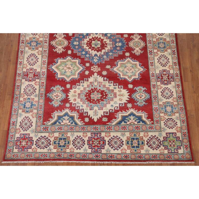 Hand Knotted Oriental 100% Wool Carpet Traditional Geometric Red Kazak Area Rug - 9' 9'' X 6' 7''