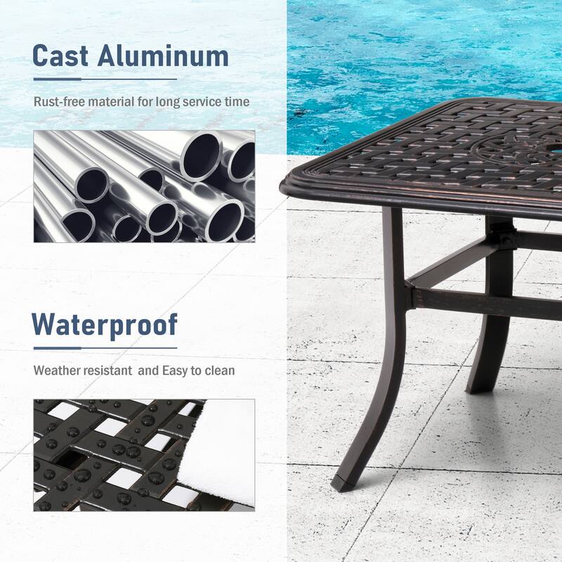 VredHom Cast Aluminum Square Side Table Outdoor with Umbrella Hole - 24.02" L x 24.02" W x 17.52" H