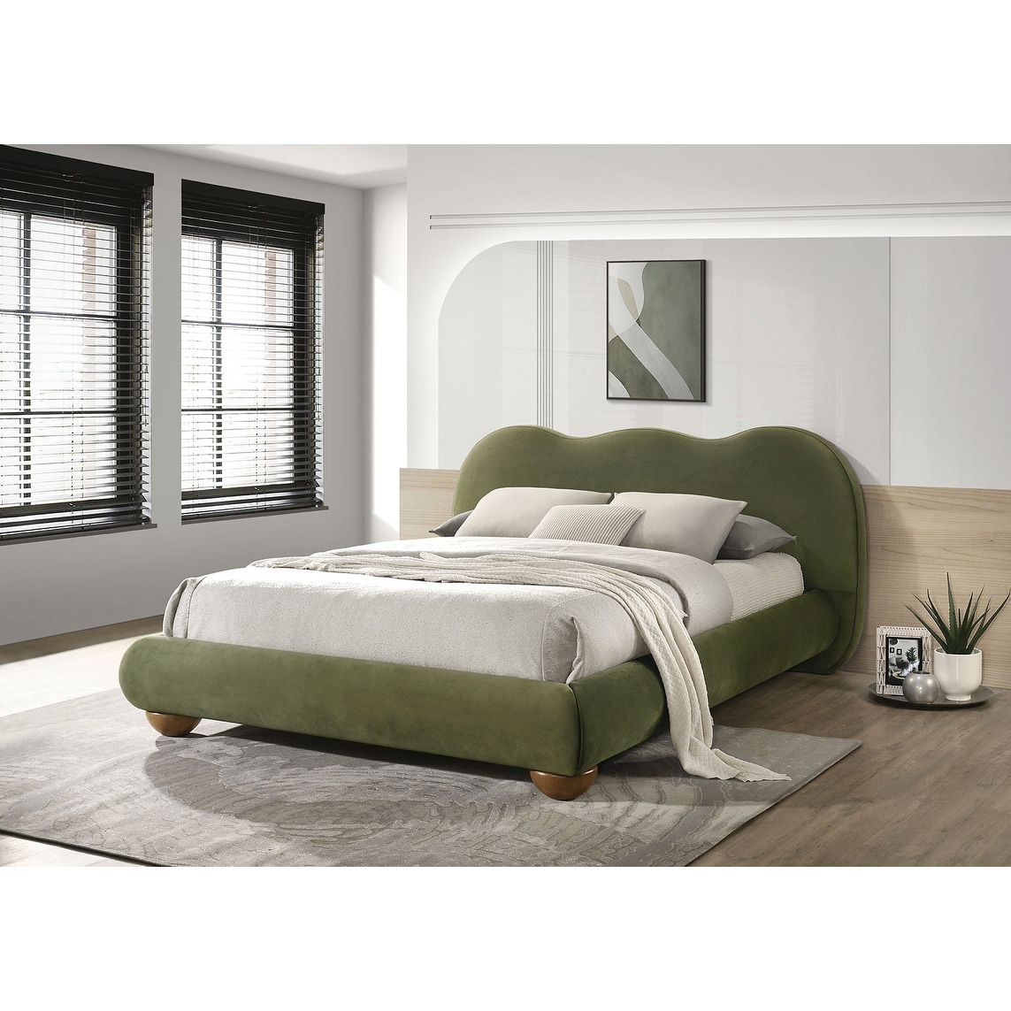 Velvet Upholstered Platform Contemporary 1pc Bed Olive Green Finish