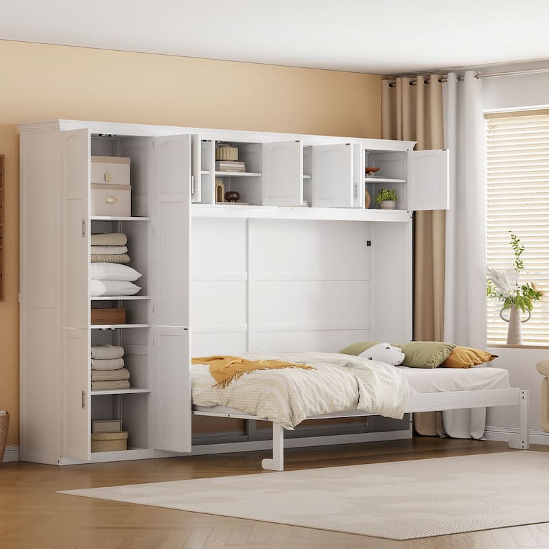 Space-Saving Queen Size Murphy Bed with Integrated Cabinets and Storage, White - White