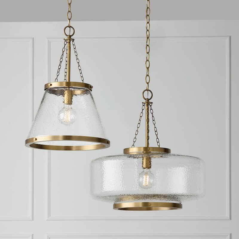 14.5" W x 20.25" H 1-Light Cone Pendant in Aged Brass with Organic Hammered Glass - 14.5"W x 20.75"H