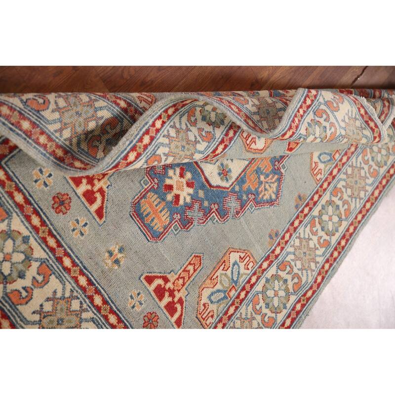 Geometric Kazak Oriental Accent Rug Hand-Knotted Blue Wool Carpet - 3'5"x 4'10"