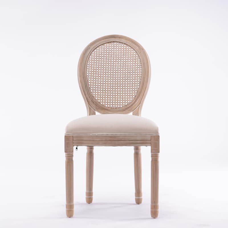 French Style Solid Wood Frame Linen Fabric Rattan Back Dining Chair, Set of 2