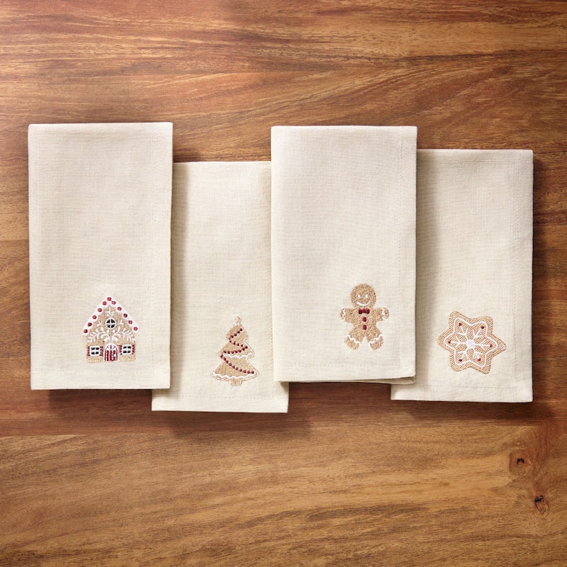 Gingerbread Bliss Embroidered Cotton Napkins, Set of 4 - 17x17