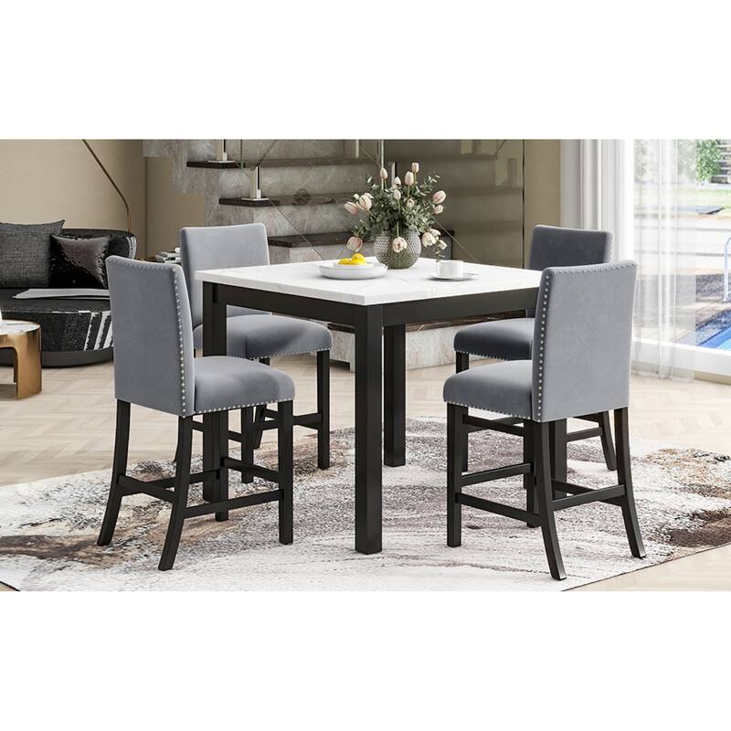 Roomfitters 5-Piece Counter Height Dining Table Set with Faux Marble Square Table and Velvet Upholstered Chairs