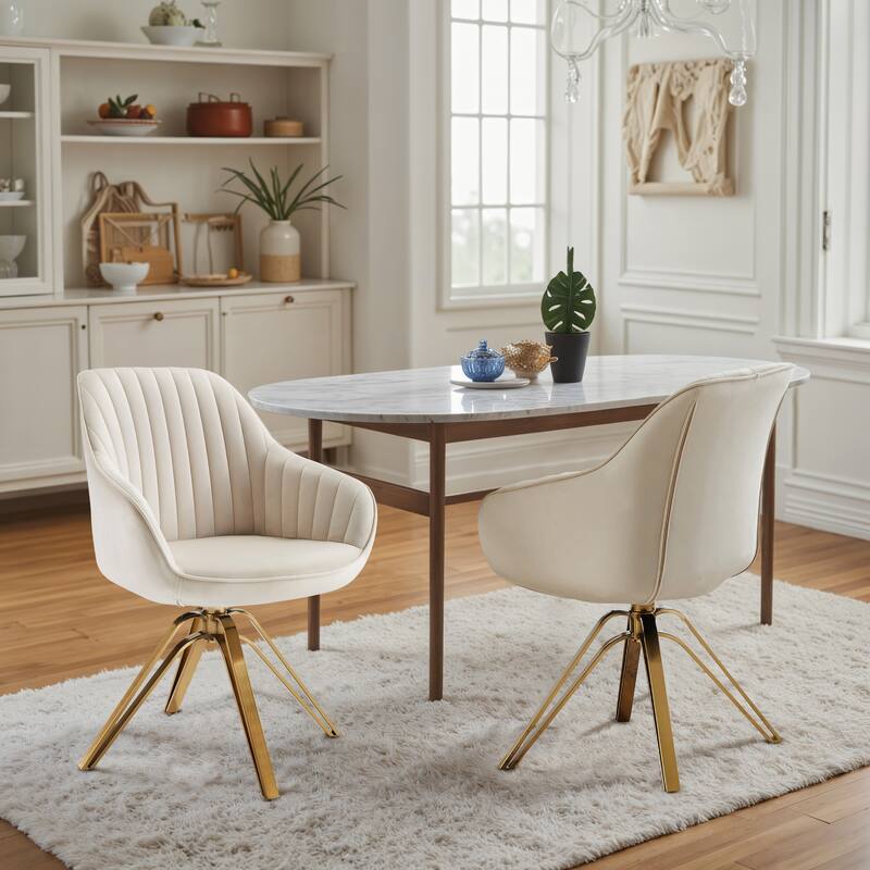 Art Leon Set of 2 Velvet Swivel Dining Chair with Golden Legs - OFF WHITE