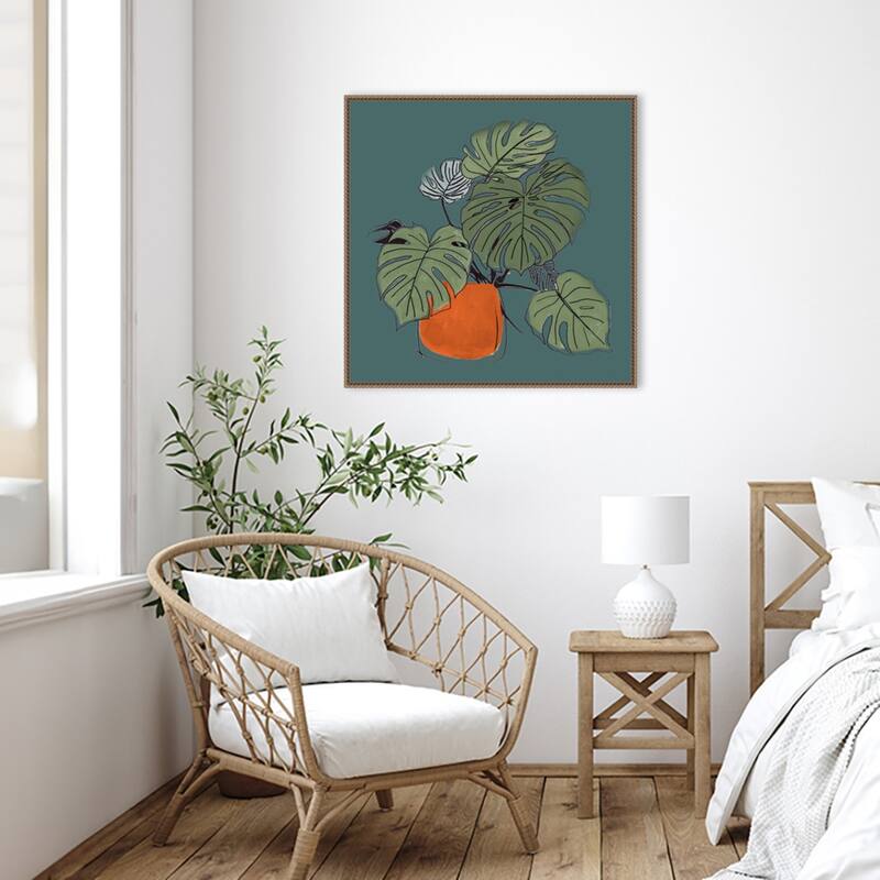 The Retro Potted Plant On Teal II by Patricia Pinto Framed Canvas Wall Art Print