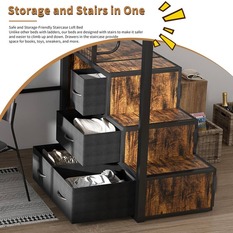 Full Loft Bed with Built-In Desk & USB Charging, Heavy Duty Metal Frame, 4 Hidden Drawers & Staircase
