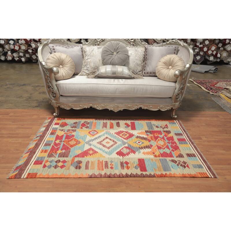 Hand Woven Oriental 100% Wool Carpet Southwestern Tribal Multi-Colored Kilim Area Rug - 5' 10'' X 4' 1''