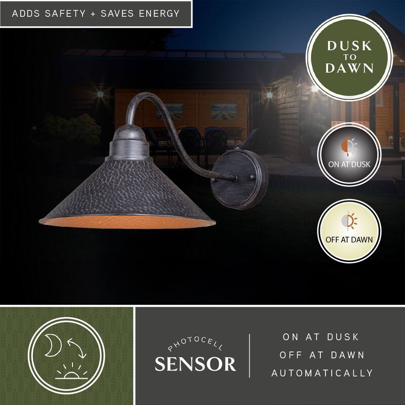 Outland 1 Light Dusk to Dawn Black Gold Farmhouse Barn Dome Outdoor Wall Lantern - 12-in W x 9.5-in H x 21-in D