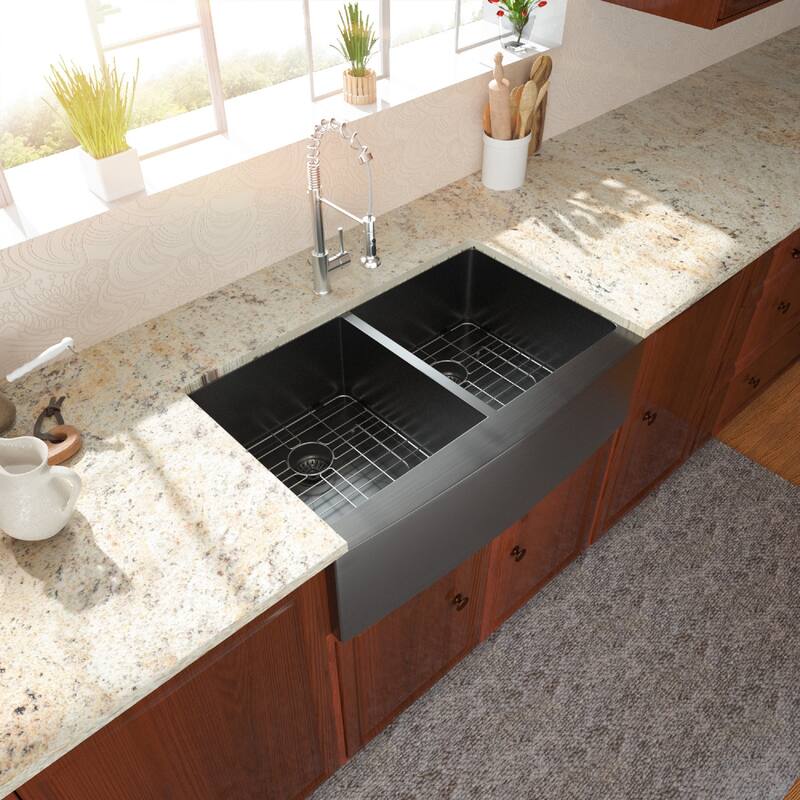 33inch Apron-Front Farmhouse Dual Bowl Stainless Steel Kitchen Sink