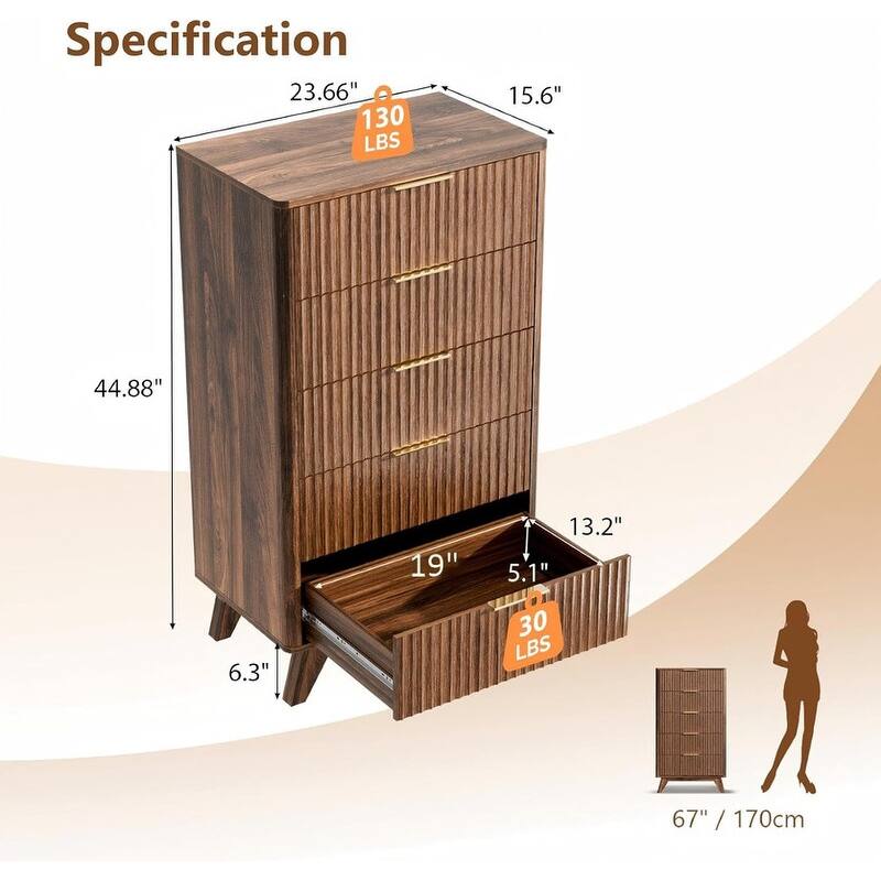 5 Drawer Grille Dresser Walnut Tone P2 Particleboard Density Board 23.7x15.6x44.9 inches