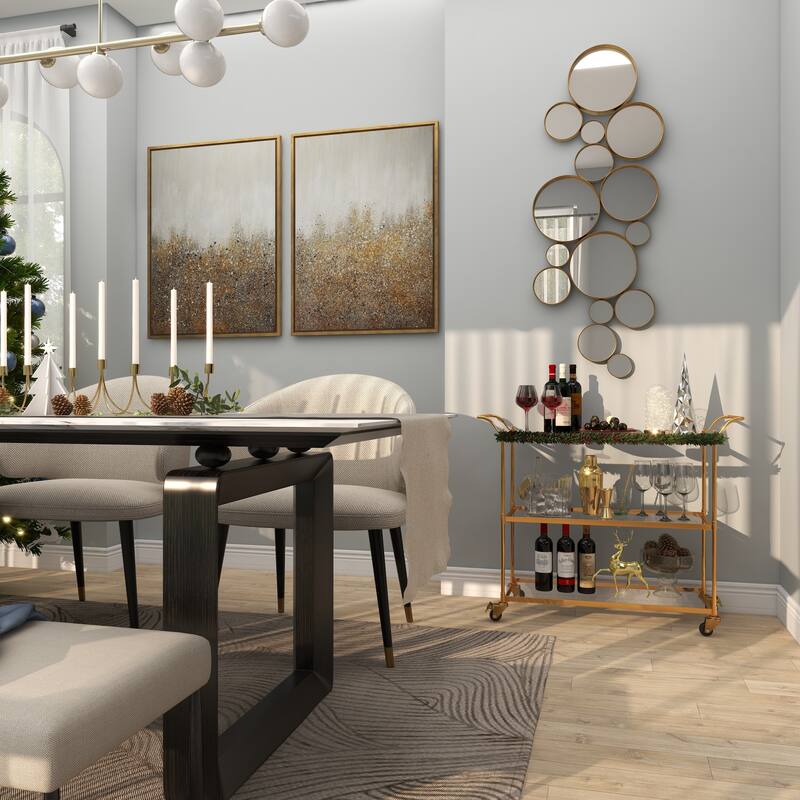 Brass Metal Rolling 3 Glass Shelves Bar Cart with Lockable Wheels