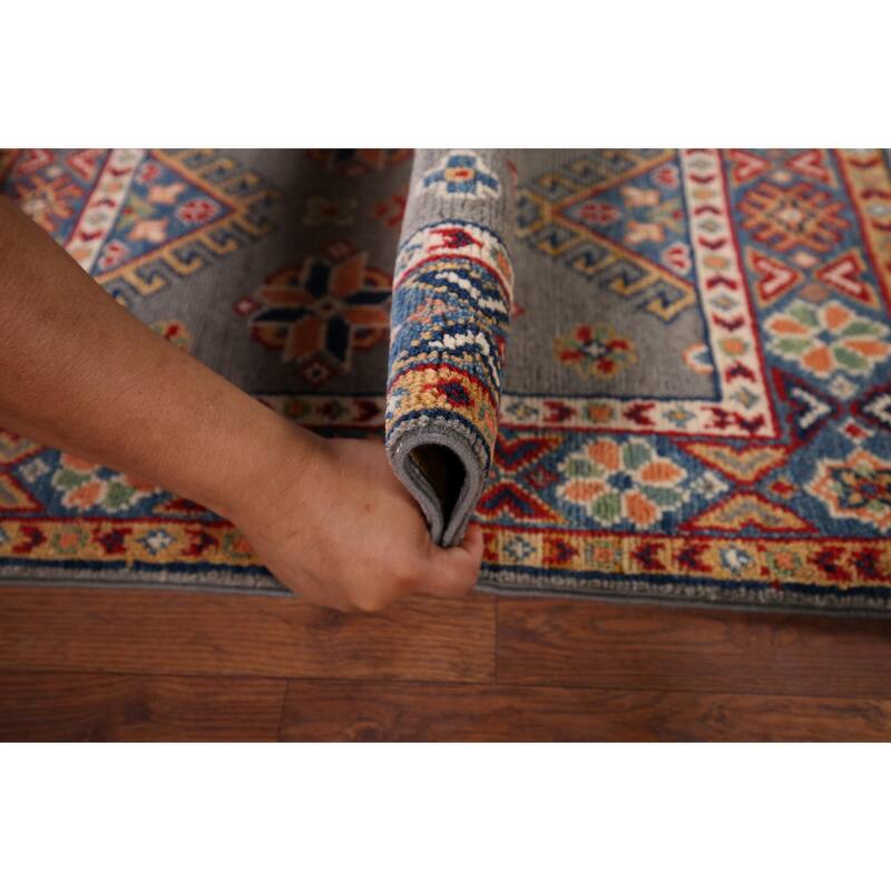 Hand Knotted Oriental 100% Wool Carpet Traditional Geometric Greys & Charcoal Kazak Area Rug - 3' 1'' X 2' 0''