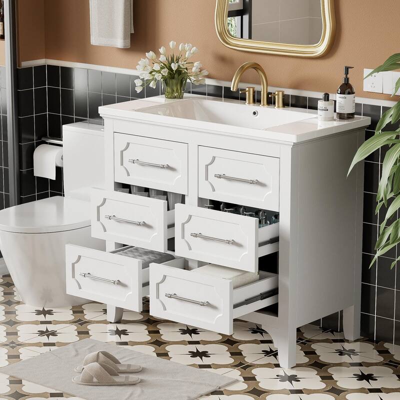 36'' Bathroom Vanity with Resin Sink Combo, Free Standing Solid Wood Frame Bathroom Vanity Cabinet with 4 Storage Drawers - White