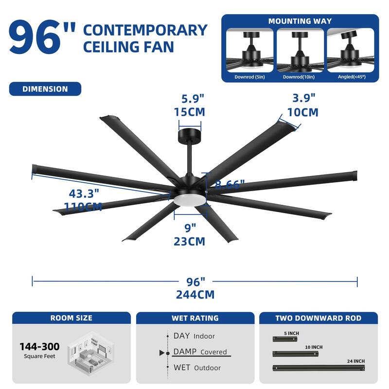 Moasis 96 Inch/80 inch Black Ceiling Fan with Light and Remote, DC Reversible Motor and 6 Speed