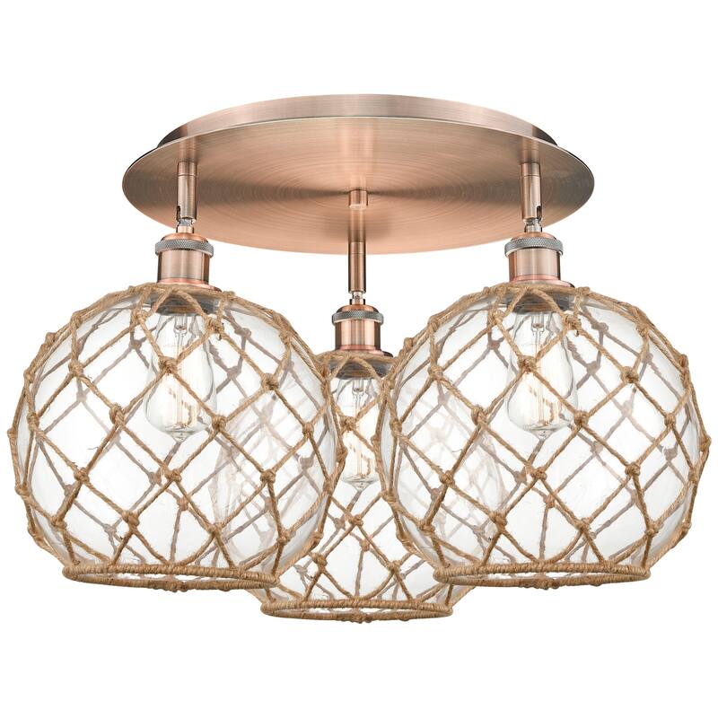 Innovations Lighting 516-3C-14-22 Farmhouse Rope Semi-Flush Farmhouse - Antique Copper / Clear Glass with Brown Rope