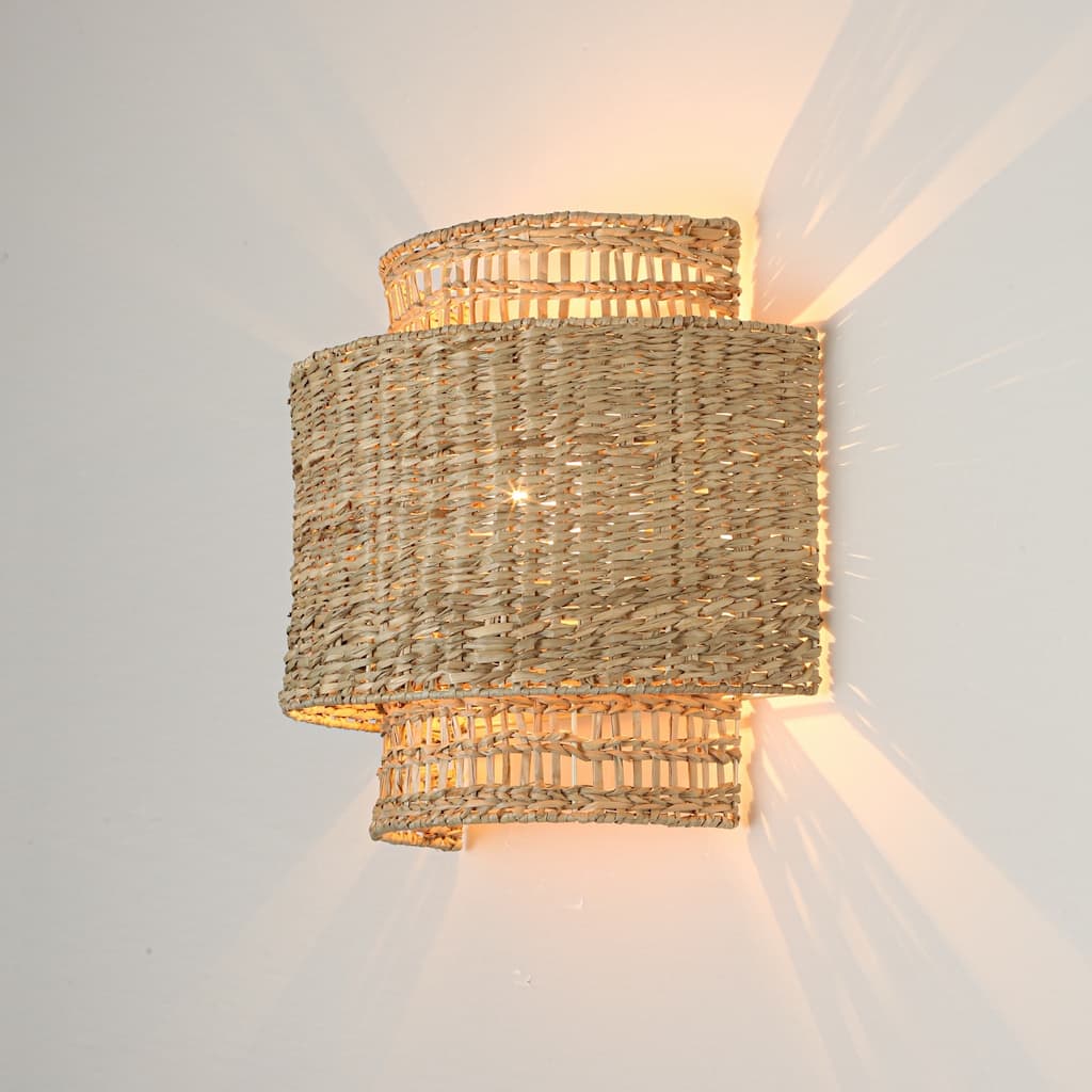 1-Light Bohemian Coast Style Woven Wall Sconce with Beige Hardware and Dried Herb-Colored Shade