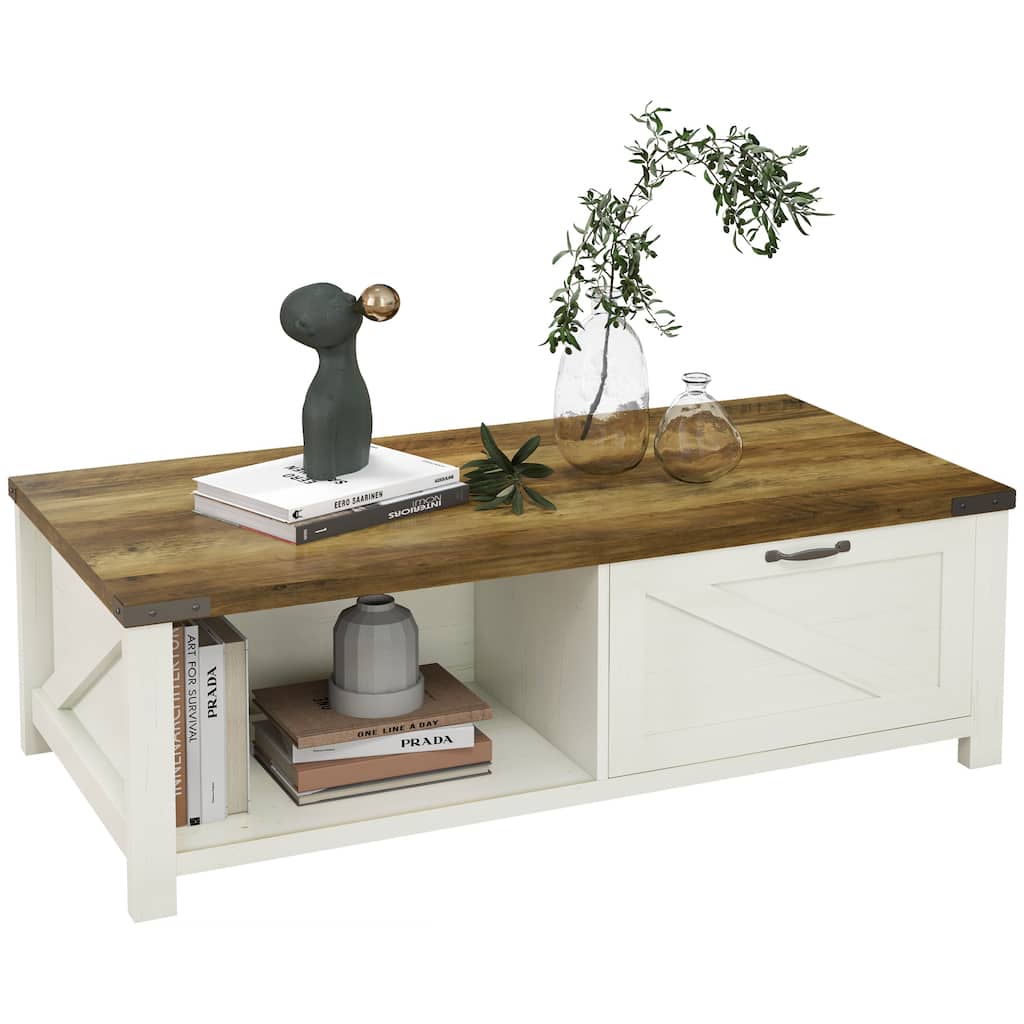 Farmhouse Coffee Table with Storage and Drawer,Rustic Coffee Table