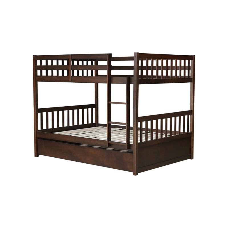 Full Over Full Bunk Bed with Twin Trundle and Convertible 3-in-1 Design with Guardrails & Ladder (250lb Capacity)