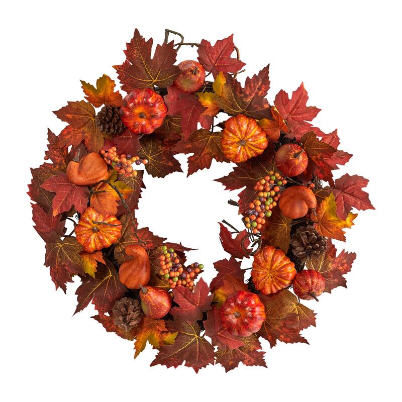 Maple Leaf & Pumpkin Artificial Fall Harvest Wreath Berries, 24-Inch