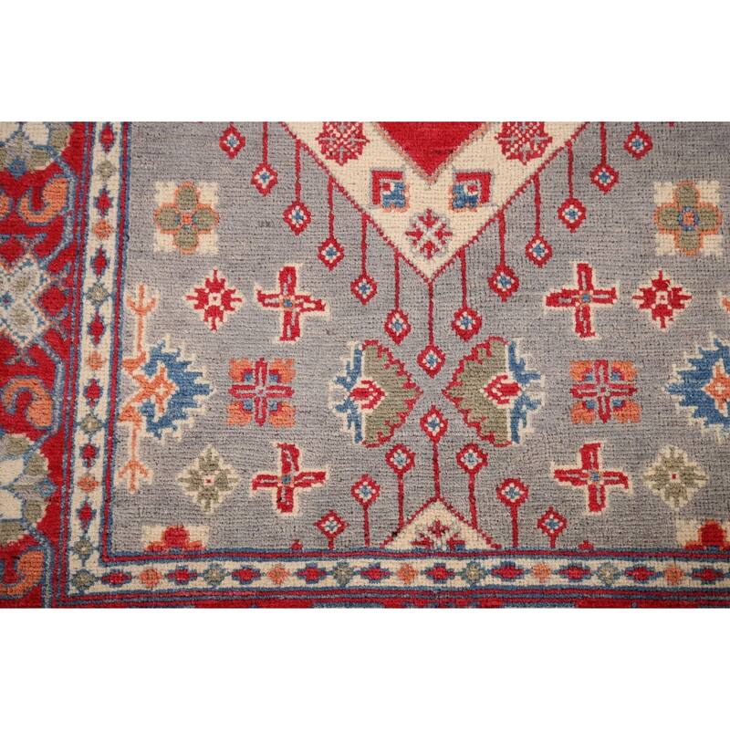 Gray Geometric Kazak Foyer Rug Hand-Knotted Hallway Wool Carpet - 3'3" x 4'4"