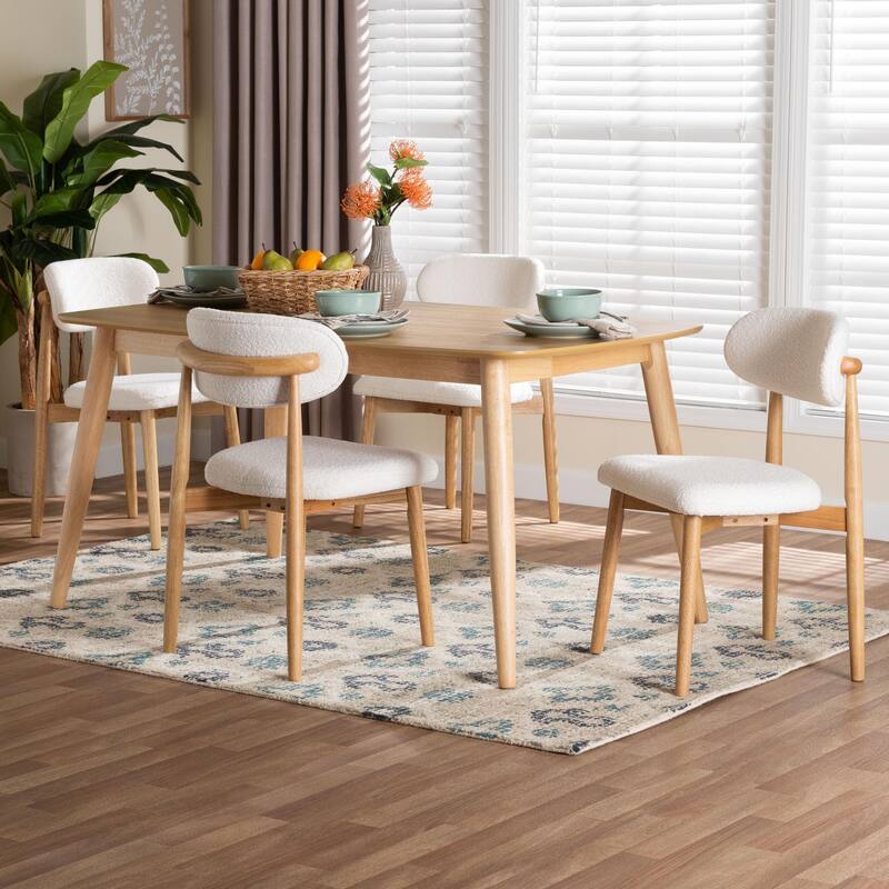 Emily 5-Piece Dining Set - Solid Wood Table with Boucle Upholstered Chairs, Mid-Century Modern Dining Furniture