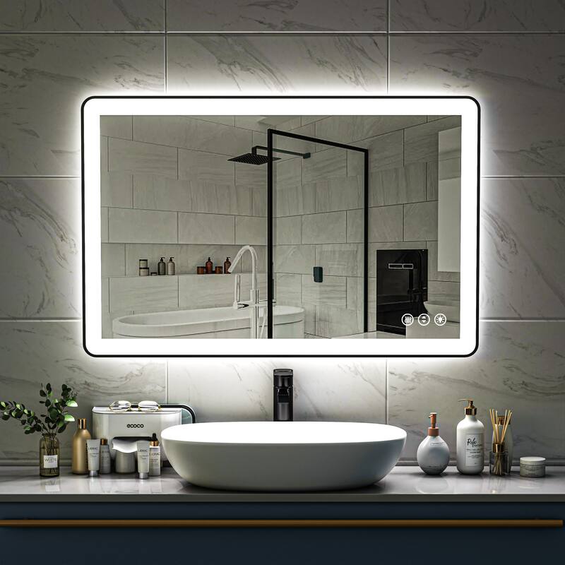 TOOLKISS Black Frame Anti-Fog Dimmable LED Light Vanity Bathroom Mirror with Backlit and Front Light